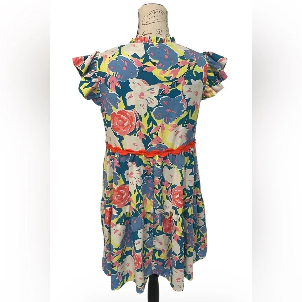 Colorful Floral Babydoll Dress w pockets Ruffle Sleeve Boho Boutique Summer SZ S